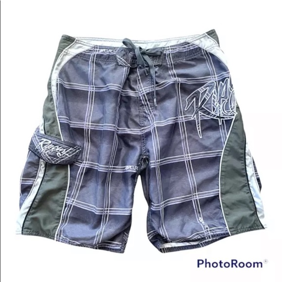 Men Ripcurl Sz 34 Board Shorts Swim Trunks 10  Side Pocket Logo Gray Stripe EUC - Picture 1 of 11